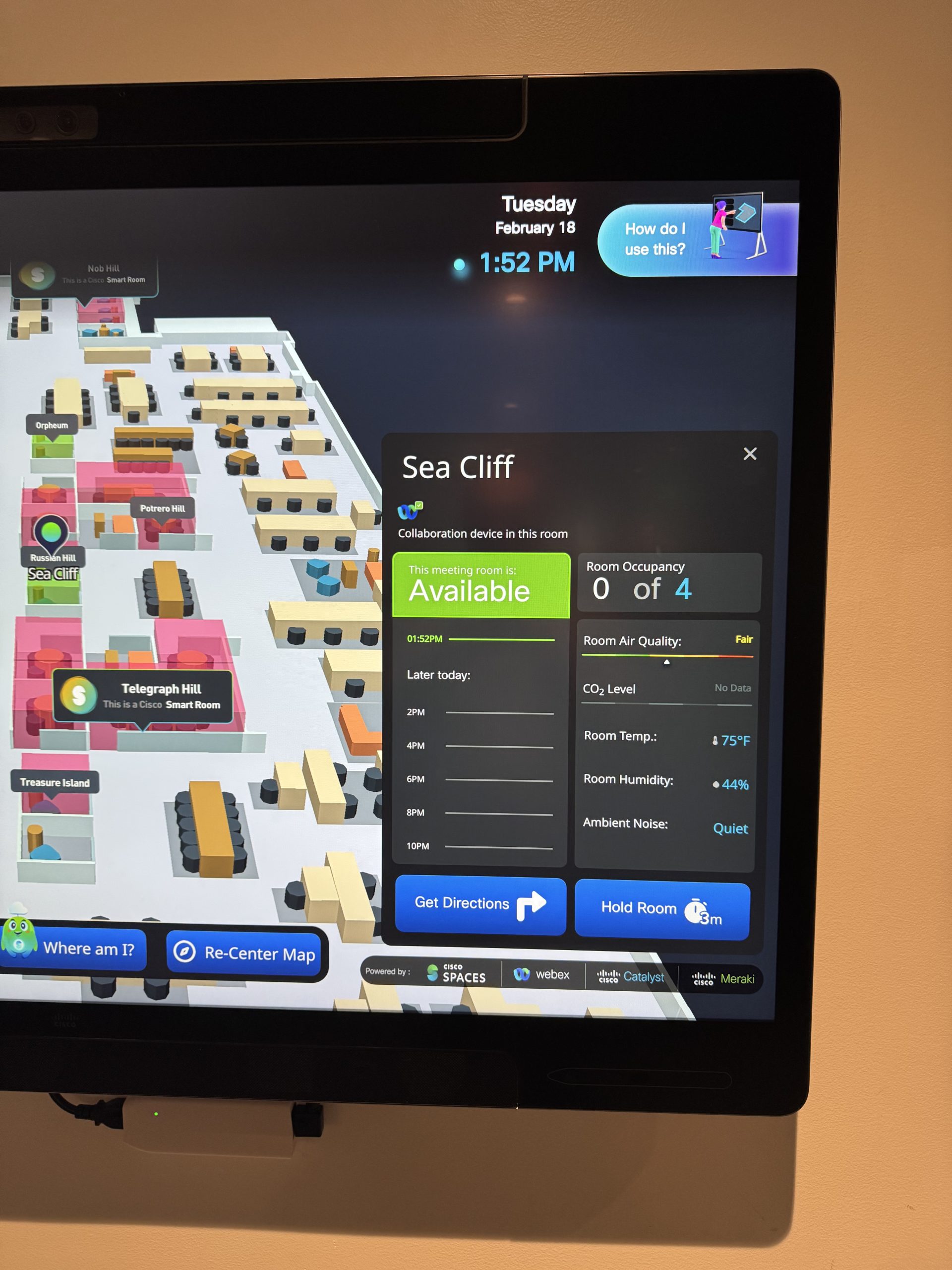 Cisco Spaces Space Explorer Kiosk showing Room Details popup
