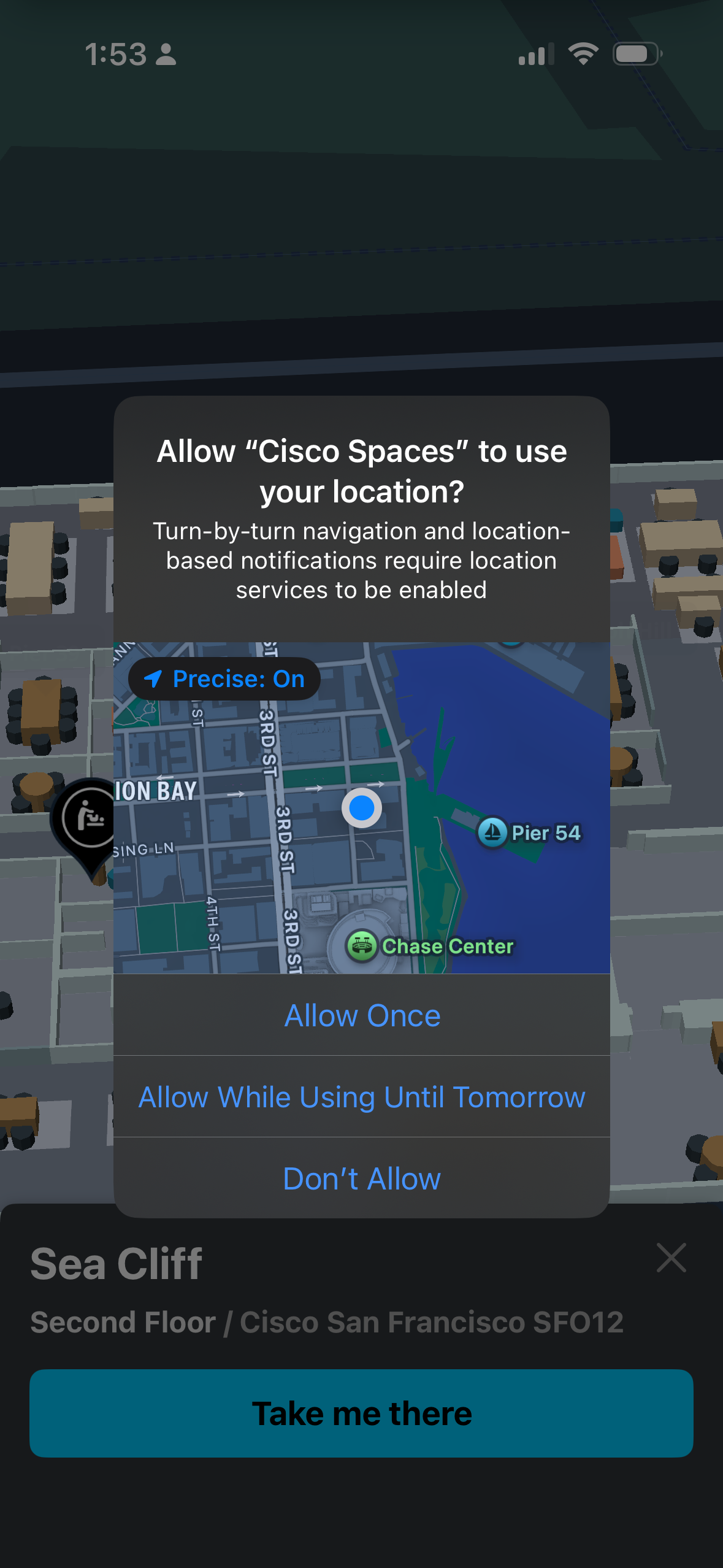 Cisco Spaces Indoor Wayfinding App Clip prompting for location access