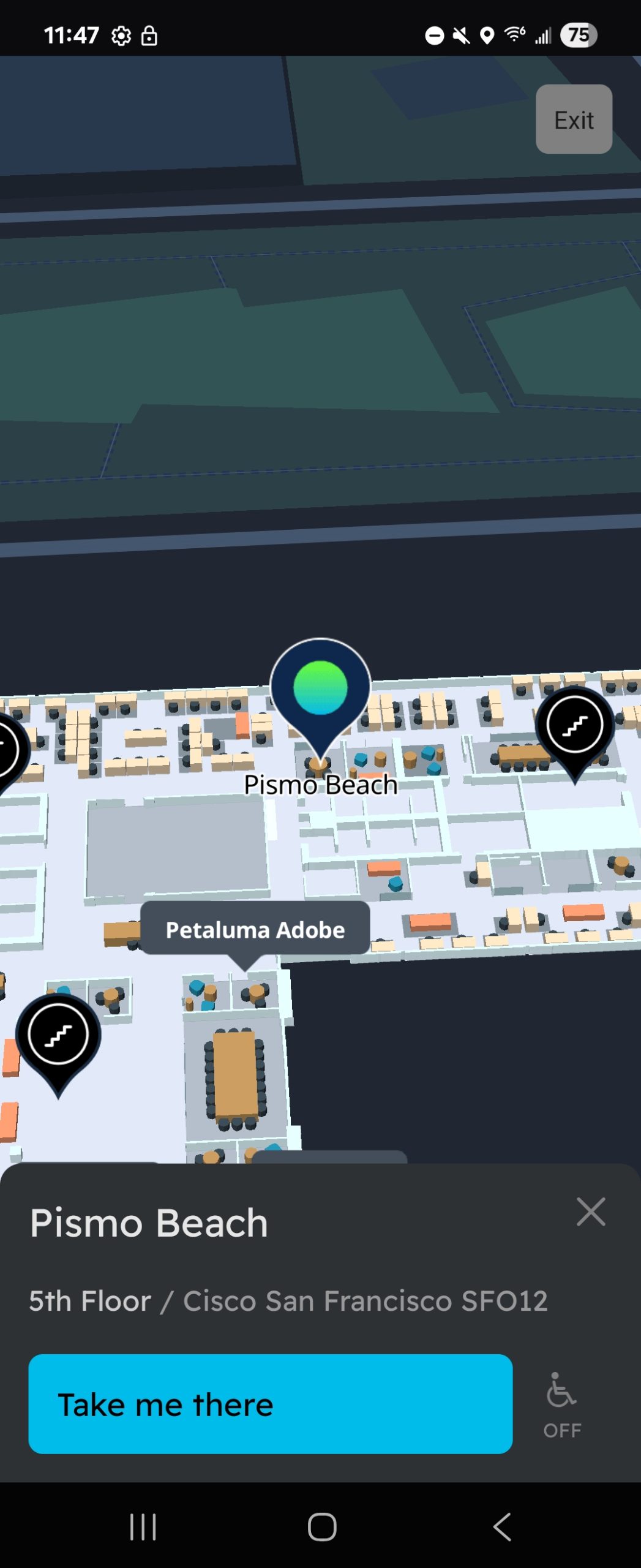 Cisco Spaces Indoor Wayfinding Android app showing destination and Take me there button