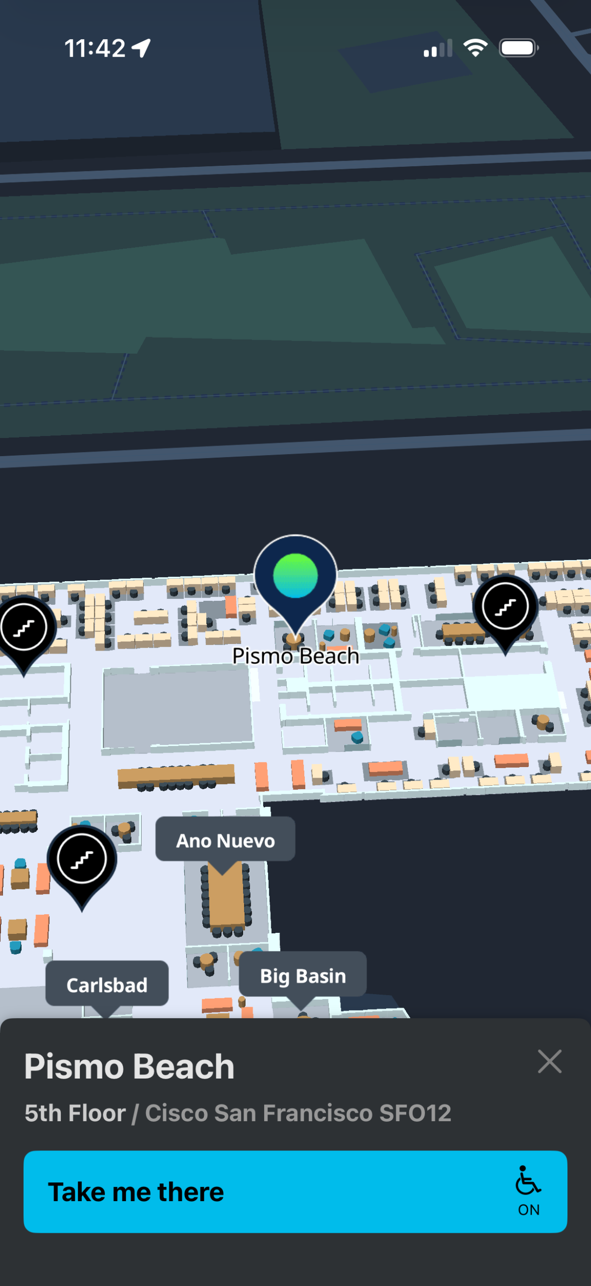 Cisco Spaces Indoor Wayfinding App Clip showing destination and Take me there button
