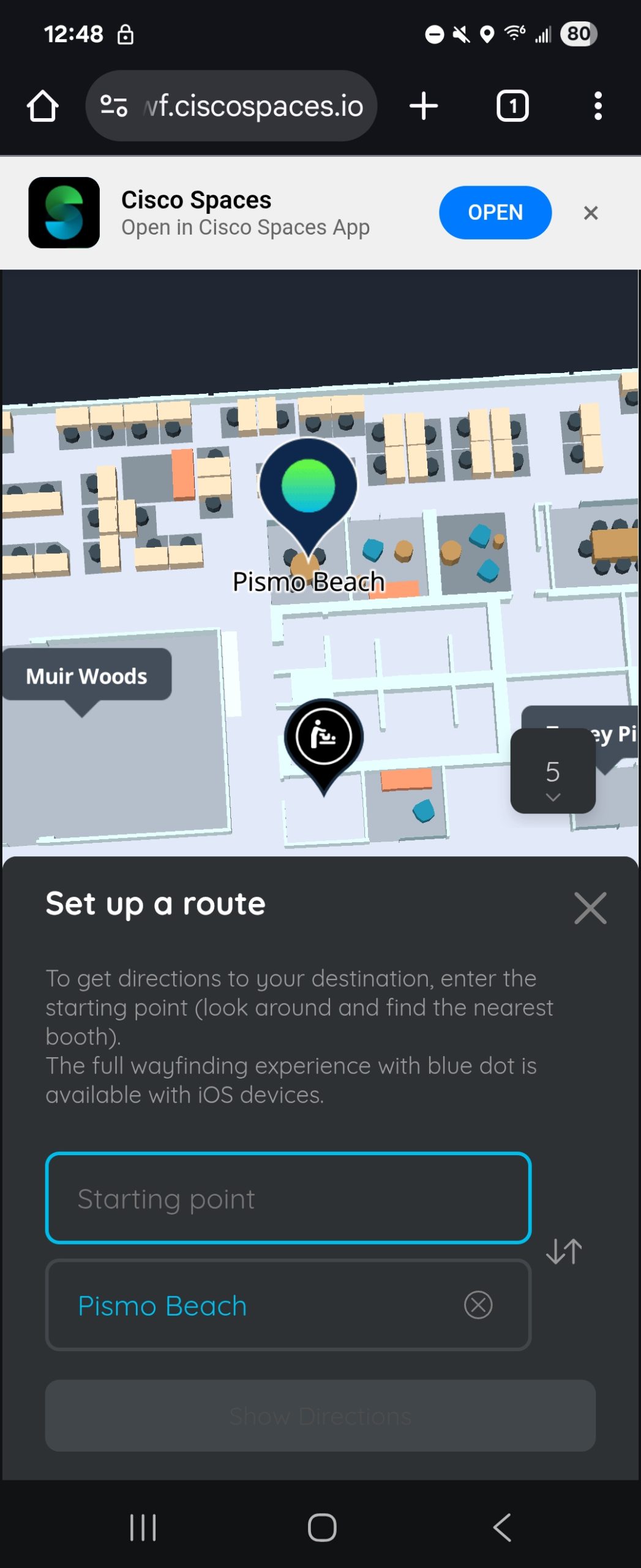 Cisco Spaces Indoor Wayfinding web app showing Starting point selection