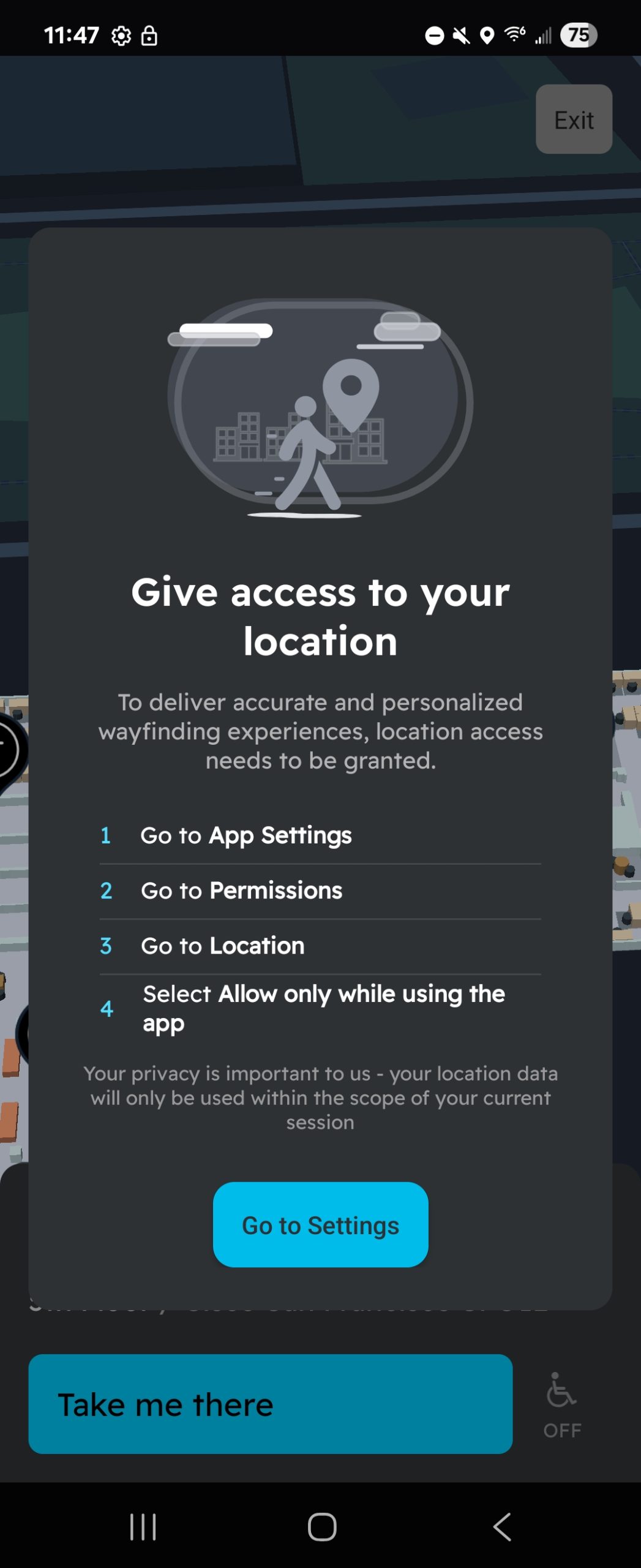 Cisco Spaces Indoor Wayfinding Android app prompting to use location