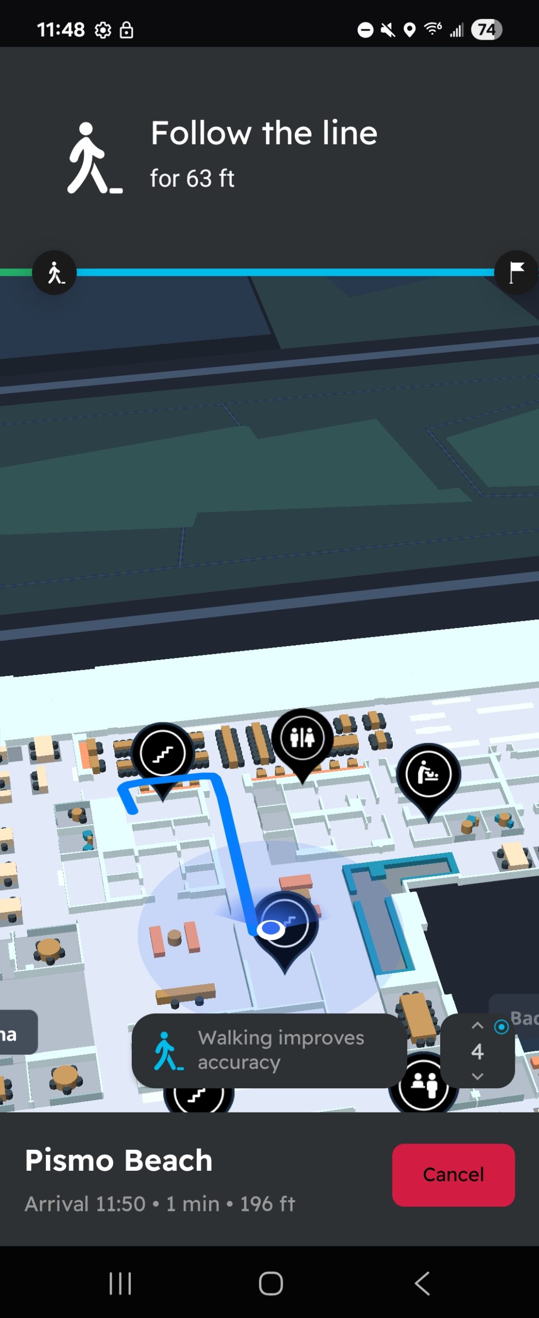 Cisco Spaces Indoor Wayfinding Android app showing live location and shortest path