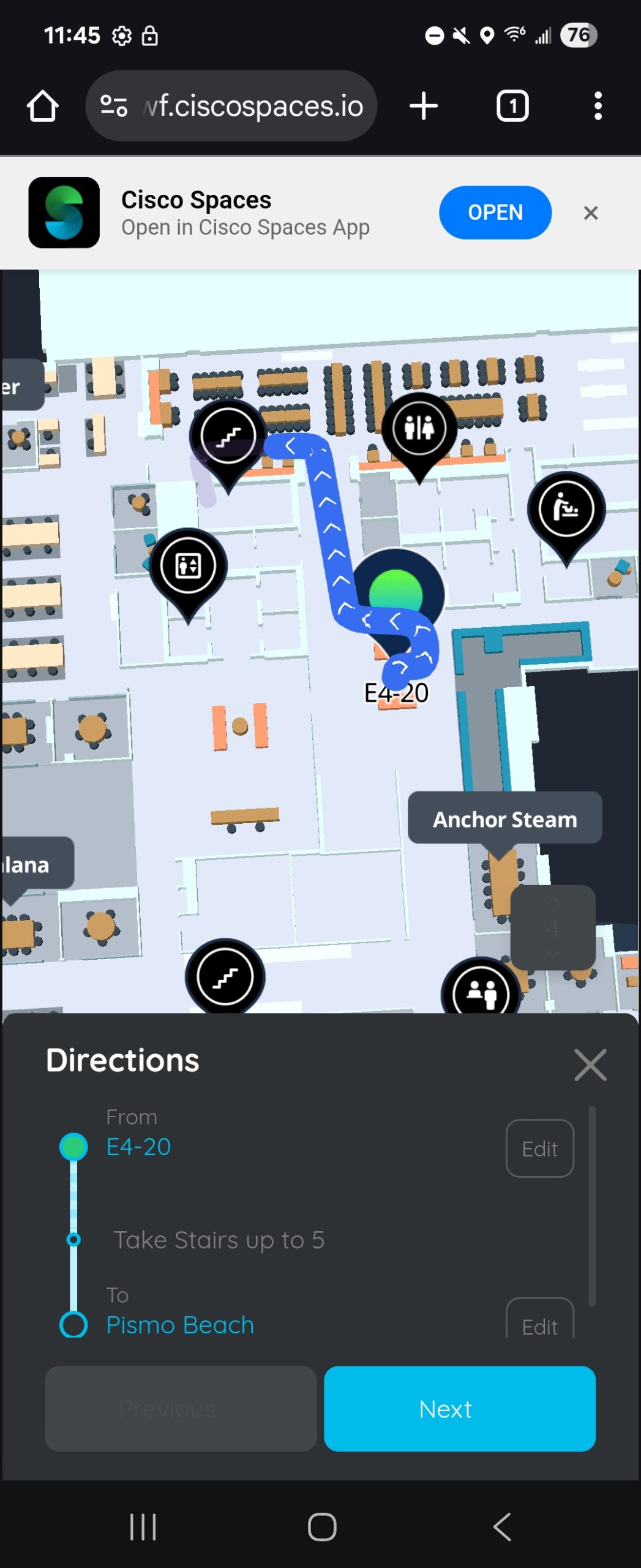 Cisco Spaces Indoor Wayfinding web app showing route between starting point and destination