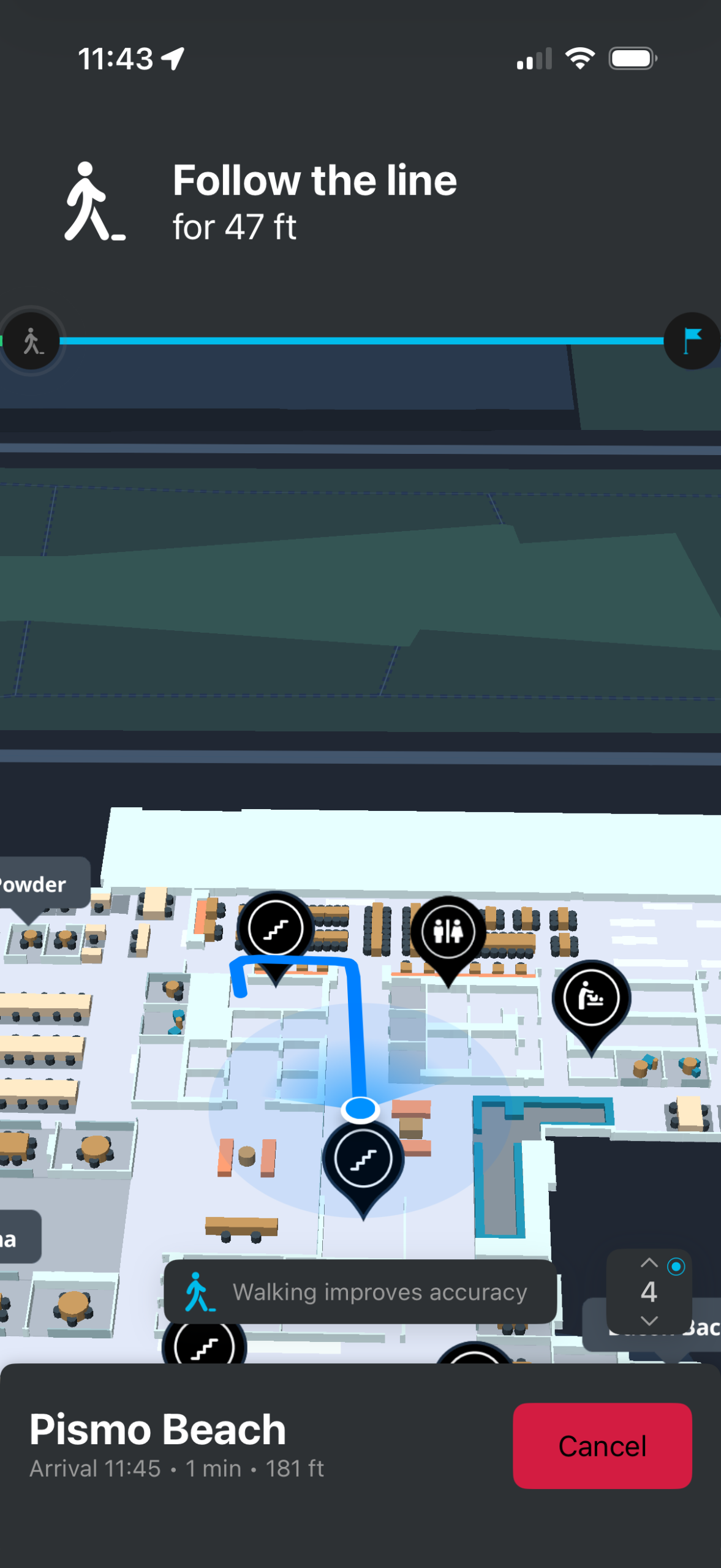 Cisco Spaces Indoor Wayfinding App Clip showing live location and shortest path