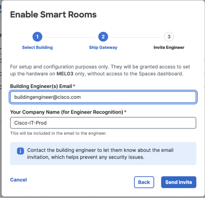 Smart Rooms gateway shipping and building engineer invitation