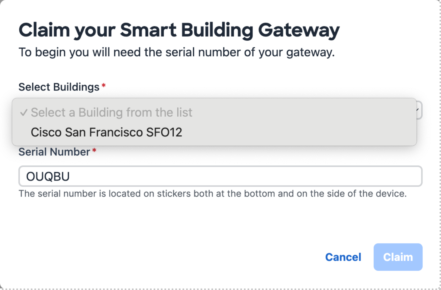 Select building for Building Gateway registration