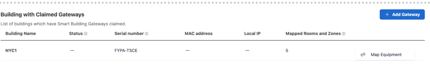 Building Gateway registration confirmation showing enabled site and serial number