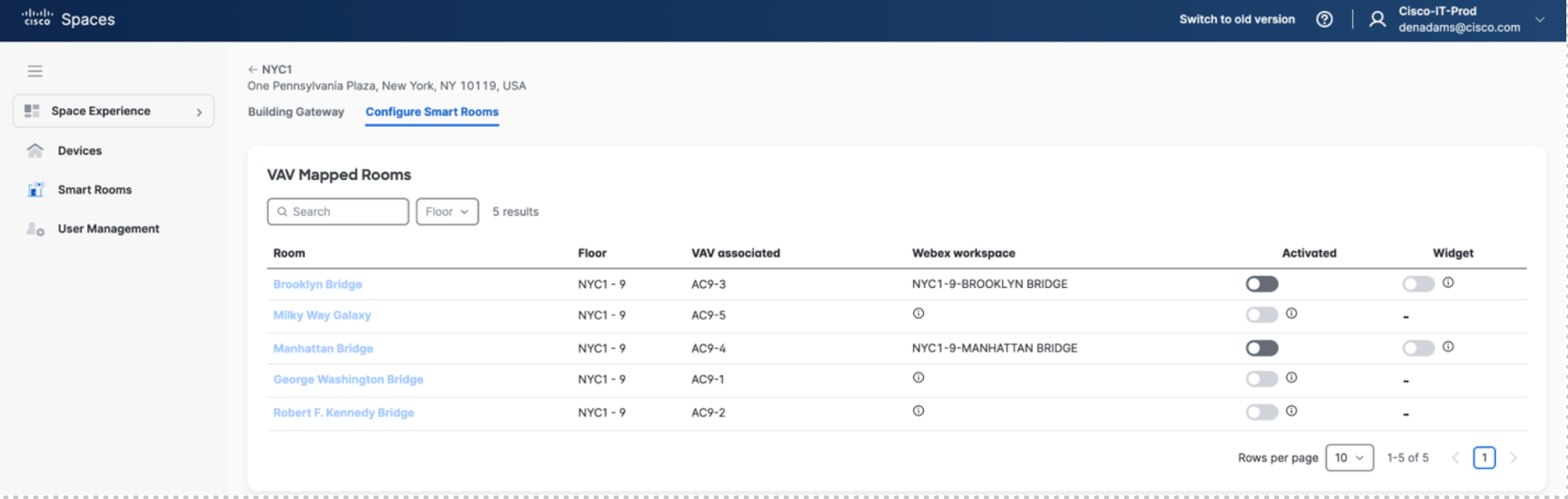 Configure Smart Rooms option for selected building